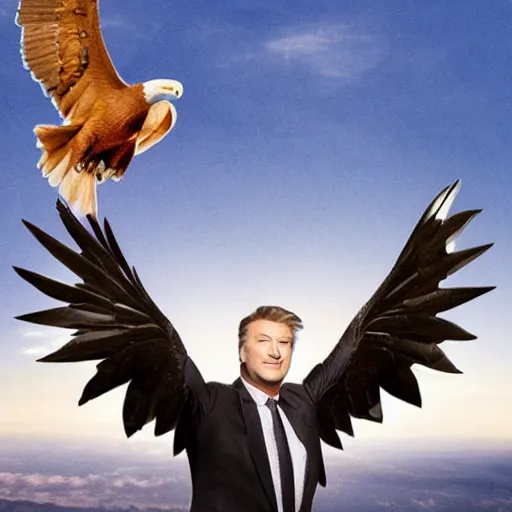 Image similar to alec baldwin on a giant eagle flying high in a sky, photo