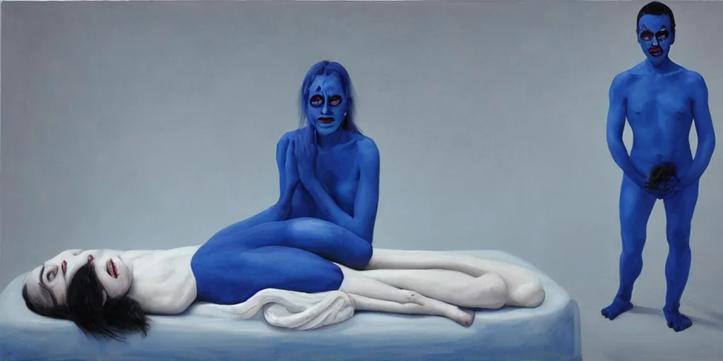 Prompt: with malice, your blue skin, with malice, your blue eyes, with malice, your, white smile with malice, your whole body, at last, with malice, with malice, will it be when i stay awake thinking of her, does she think a little about me? painting by gottfried helnwein david normal masterpiece pablo amaringo