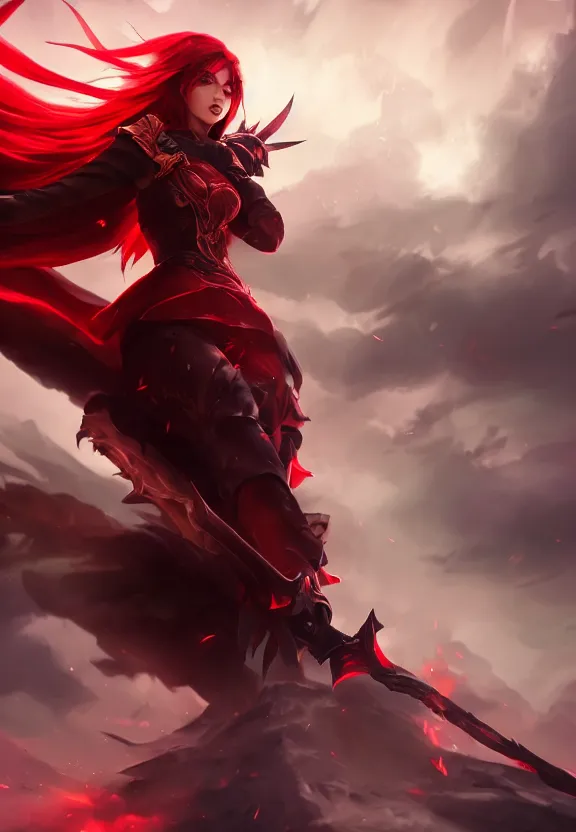 Image similar to a beautiful fierce long black haired woman wearing red dress wielding black sword posing heroically, heavenly moonlit clouds background, close up shot, league of legends style, splash art, highly detailed, vray, artstation, extremely detailed woman, stunning volumetric lighting, hyper realism, fantasy 4k