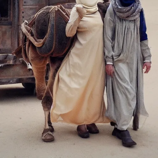 Image similar to anna forsterling and saul bromberger, yulia nevskaya, pulitzer, photorealistic, detailed details / woman wear burqa ride camel and handling gun