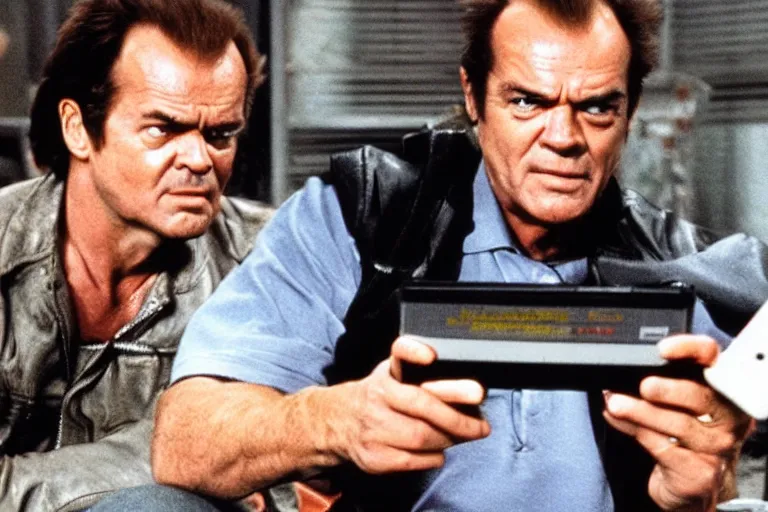 Image similar to Jack Nicholson as Terminator is playing Pokemon on gameboy