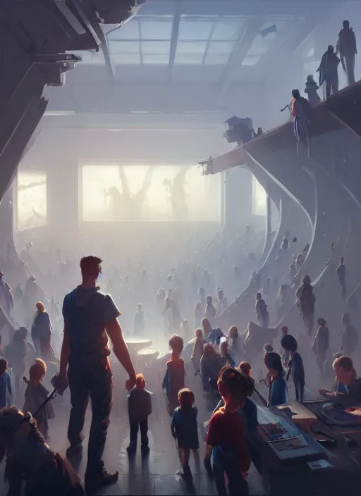 Image similar to epic employee with so many kids in front of computer. highly detailed, digital painting, concept art, smooth, sharp focus, illustration, art by greg rutkowski