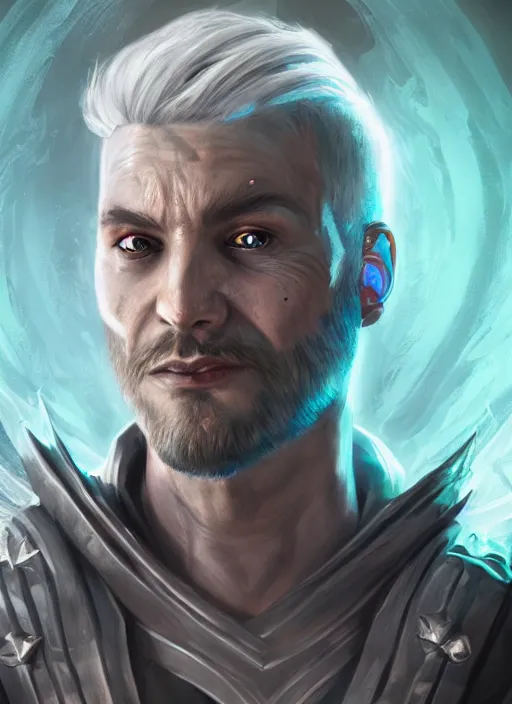 Image similar to An epic fantastic realism comic book style portrait painting of aasimar hexblade warlock, teal electricity, male, grand angel wings, silver hair, short beard, 4k, 8k, Apex Legends Concept Art, D&D Concept Art, unreal 5, DAZ, hyperrealistic, octane render, cosplay, RPG portrait, dynamic lighting