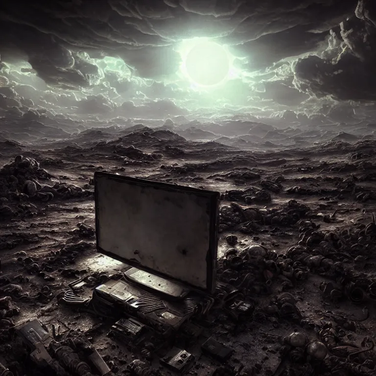 Image similar to surreal abandoned ribbed broken pc monitor in the wasteland on exoplanet, dark clouds, dark washed colors tint, dream-like heavy atmosphere, baroque painting, beautiful detailed intricate insanely detailed octane render trending on Artstation, 8K artistic photography, photorealistic, dramatic volumetric cinematic perfect light, chiaroscuro, award-winning photograph, masterpiece, Raphael, Caravaggio, Beksinski, Giger