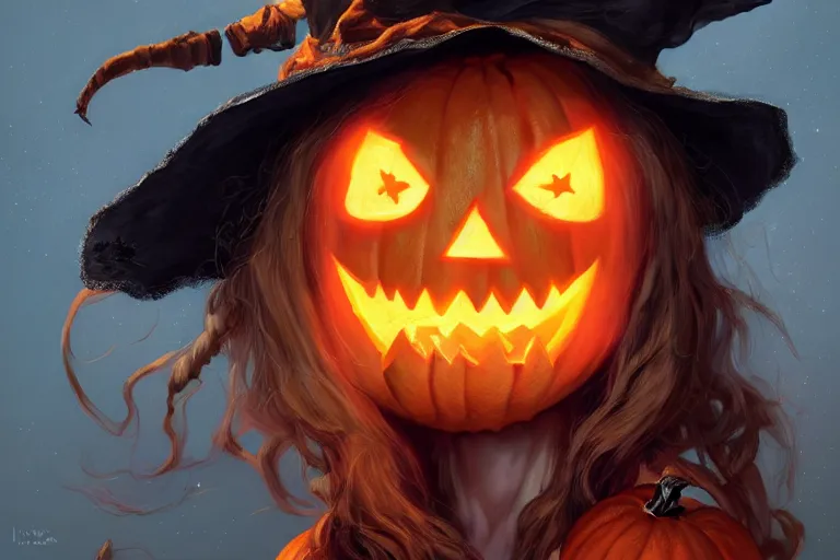 Prompt: portrait of a scarecrow with a jack - o - lantern head and a witch hat, halloween night, charlie bowater, artgerm, ilya kuvshinov, krenz cushart, ruan jia, realism, ultra detailed, 8 k resolution