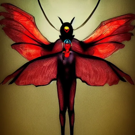 Image similar to photo of mothman with giant wings, cel animation by Junji Ito and Satoshi Kon, professionally post-processed , beautiful, scary, symmetry accurate features, epic, octane rendered, anime masterpiece, accurate