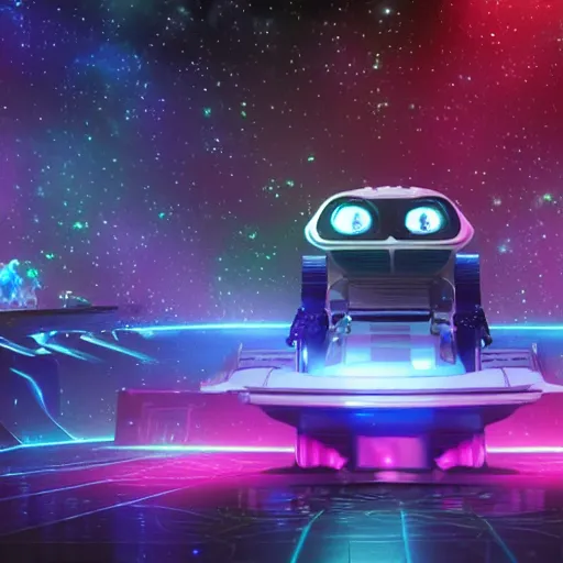 Prompt: 3 d rendered movie still colorful shiny pearlescent robots ( ( cat ) ), disco music, disco balls, dance - off, space battles. explores cosmos in a super awesome space ship. science fiction blockbuster movie, imax 7 0 mm. bladerunner, silent running, wall - e