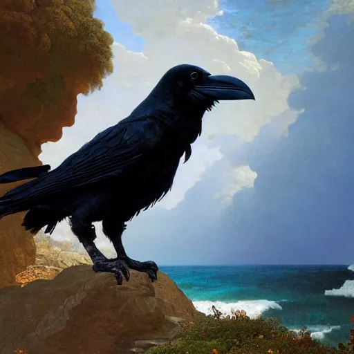 Prompt: a beautifully highly detailed close up portrait of a raven under a rock arch, coves crashing waves plants, beautiful serene sunset, detailed organic textures by frederic leighton and rosetti and turner and eugene von guerard, 4 k, octane render