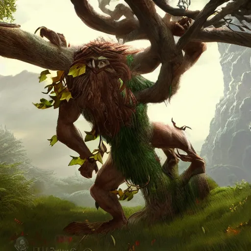 Prompt: troll lifting a tree, fantasy, detailed skin, flying leaves, wind, epic, unreal engine, detailed, fantasy setting, hd