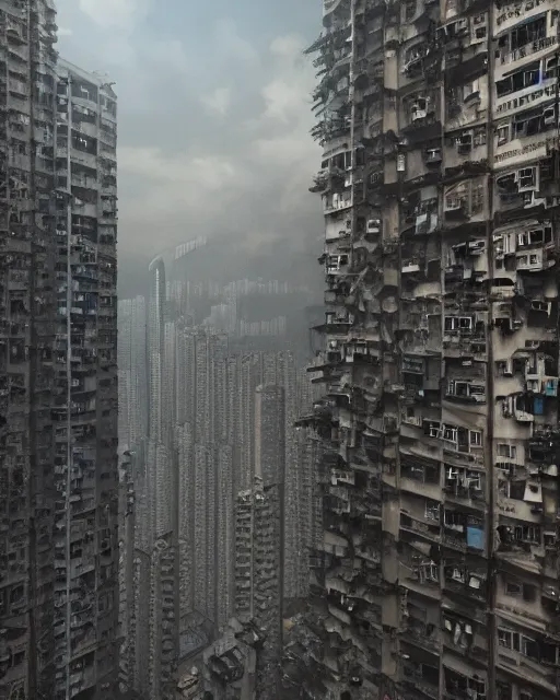 Prompt: poor buildings, hong kong buildings, kowloon, slums, dramatic lighting, depressing, dystopia trending on Artstation, 8k, highly realistic, hyper detailed, unreal engine 5, IMAX quality, realistic, cinematic, epic lighting, realistic, Matte Painting, masterpiece,