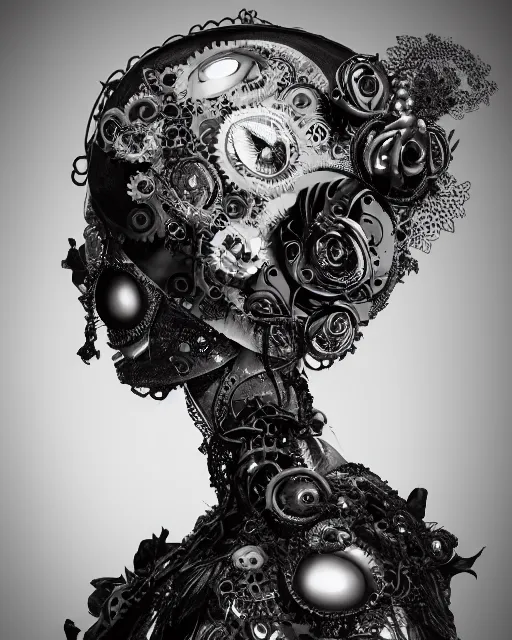 Image similar to black and white dreamy foggy smoky profile face portrait, one silver steampunk eye biomechanical beautiful young female cyclope - cyborg - robot bust, body ribs meshes,, volumetric light, hibiscus flowers, by hg giger, rim light, by dora maar and cecile beaton, big gothic fashion pearl embroidered collar, 8 k