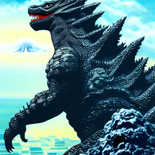 Prompt: godzilla, highly detailed, digital painting, smooth, sharp focus, illustration, ultra realistic, 8 k, art by hideaki anno and shinji higuchi