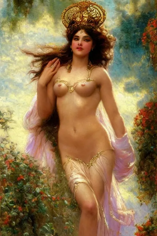 Image similar to hailey steinfeld as the goddess aphrodite. art by gaston bussiere.