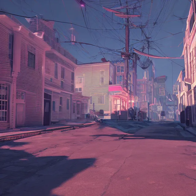 Image similar to colonial portsmouth new hampshire street as a cybercity, cyberpunk, colonial, synthwave, futuristic colonial hybrid, cinematic, volumetric, realistic, cinematic lighting, ray tracing, unreal engine 5, octane render, hyper realistic, photo, 8 k