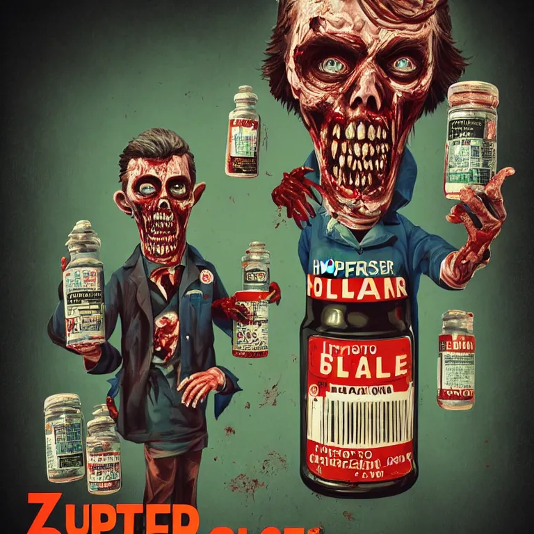 Prompt: hyperdetailed poster painting in a color style of 70's black poster art of an a crazy pharmacist zombie holding a giant jar of pills, epic scale ultrawide angle, 3D rendered, Vray rendered, octane render, unreal engine