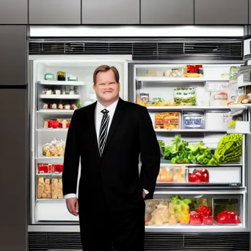Image similar to Andy Richter is wearing a black suit and necktie and standing in a kitchen in front of an open refrigerator. There is a bright white light coming from inside the refrigerator.