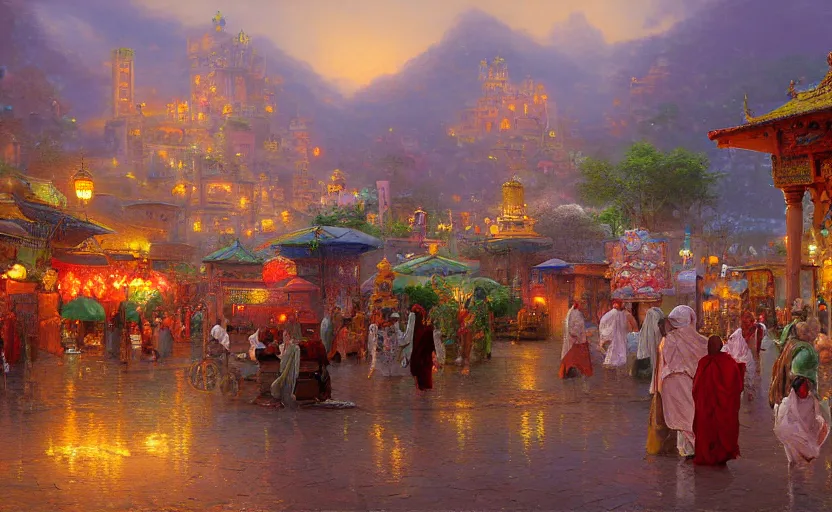 Prompt: scenic view of a merchant street intersection in a fantasy kasbah, colorful crowd, huge temple in the background with a round roof, overcast dusk, Academic detailed painting by craig mullins and thomas kinkade