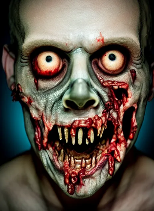 Image similar to zombie hollywood professional acting headshot, hyperrealism, intricate detailed, studio lighting, charming expression gesicht