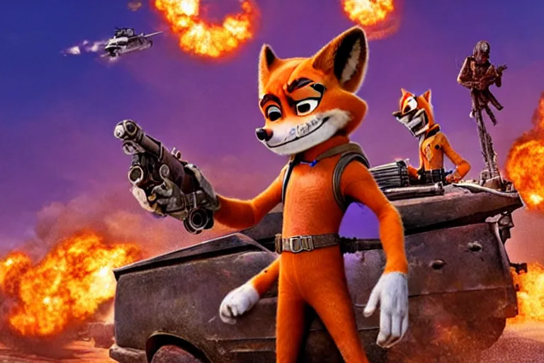 Image similar to nick wilde, heavily armed and armored facing down armageddon in a dark and gritty reboot from the makers of mad max : fury road : witness me