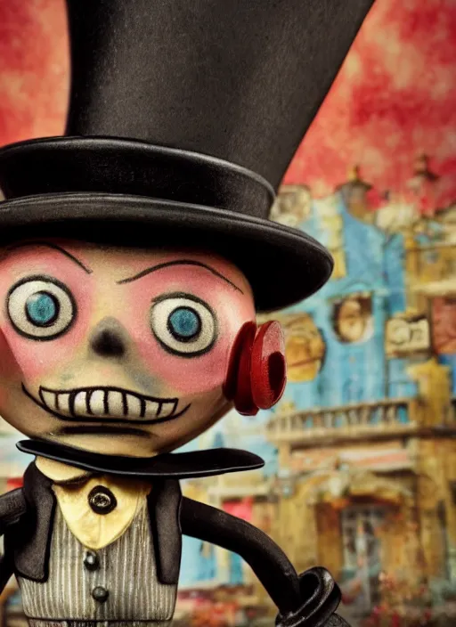 Image similar to closeup of a tin toy jack the ripper wearing a top hat, depth of field, zeiss lens, detailed, symmetrical, centered, fashion photoshoot, by nicoletta ceccoli, mark ryden, lostfish, earl nore, hyung tae, frank frazetta, breathtaking, 8 k resolution, extremely detailed, beautiful, establishing shot, artistic, hyperrealistic, octane render