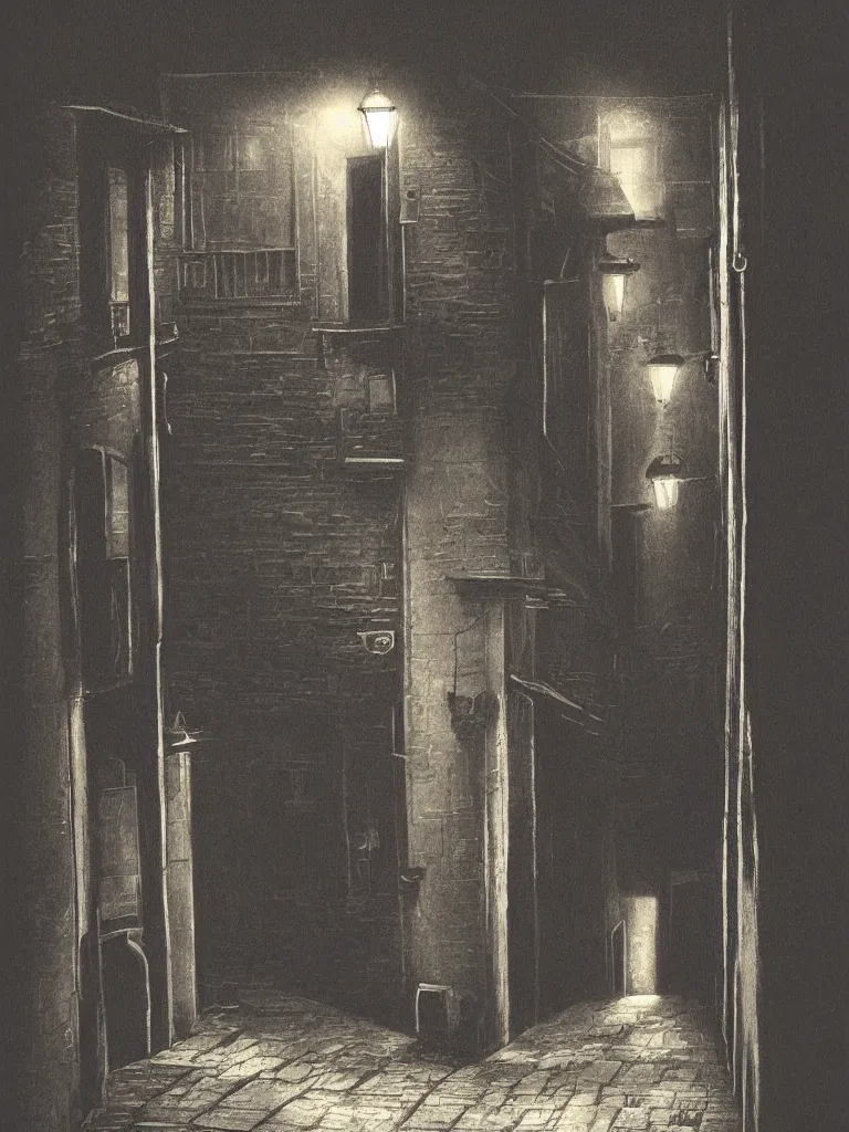 Image similar to a nightscene with a dark alley at the end an illuminated door in the style of hiromasa ogura