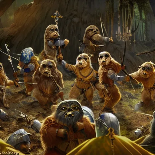 Image similar to Ewoks in masonic lodge during a medieval battle, warcraft style, realistic 4k octane beautifully detailed render, 4k post-processing, highly detailed, intricate complexity, epic composition, magical atmosphere, cinematic lighting, masterpiece, ultra hd