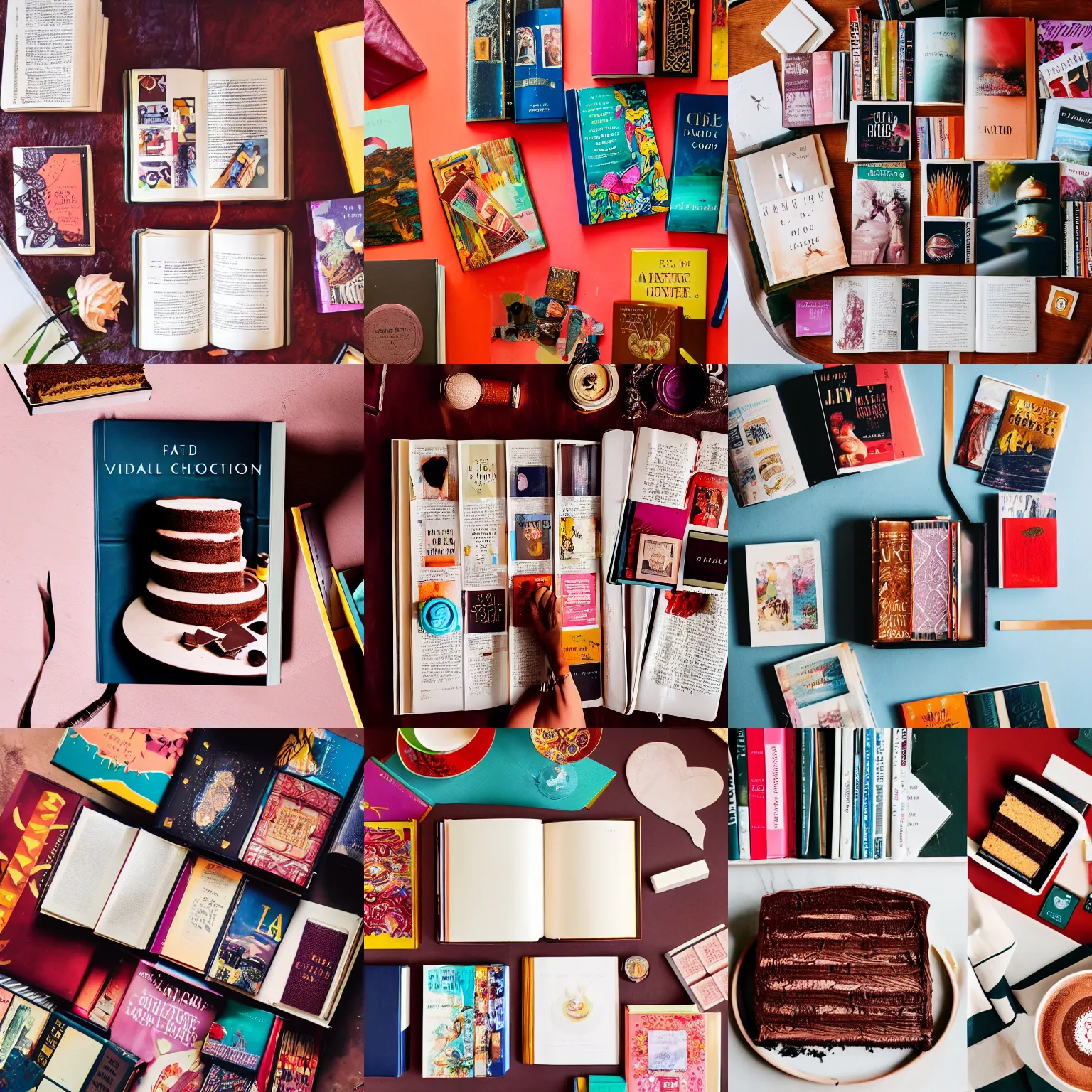 Prompt: flatlay book collection, vivid colors, dramatic lighting, chocolate cake