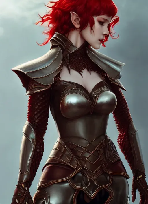 Image similar to leather armor!!! beautiful and elegant curly red hair female elf!! gorgeous ayes!! character concept art, sharp focus, octane render! unreal engine 5! highly rendered!! trending on artstation!! detailed linework!! illustration by artgerm, wlop, and chie yoshii