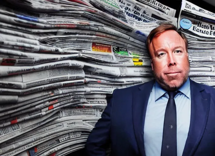 Image similar to dslr photo still of infowars host alex jones in a blue suit fat grey beard and mustache in a!!! room filled to the ceiling with newspapers newspapers to the ceiling newspapers everywhere stacks of newspapers!!!!!! looking at an iphone in shock gazing at an iphone in his hand scared look at iphone being held up!!!, 5 2 mm f 1. 8