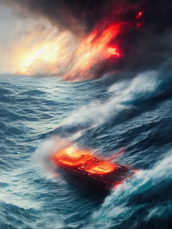 Image similar to photo of 8k ultra realistic burning battleship at sea, heavy storm, rain, large waves, full of colour, cinematic lighting, battered, trending on artstation, 4k, hyperrealistic, focused, extreme details,unreal engine 5, cinematic, masterpiece, art by Peter Mohrbacher