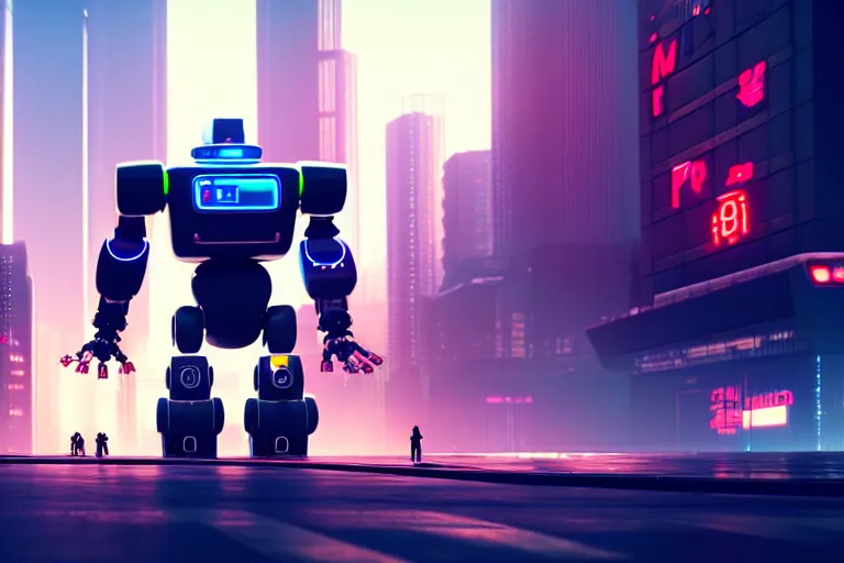 Image similar to a cute big robots in a cyberpunk city. super realistic 8 k render of a elegant, cinematic composition