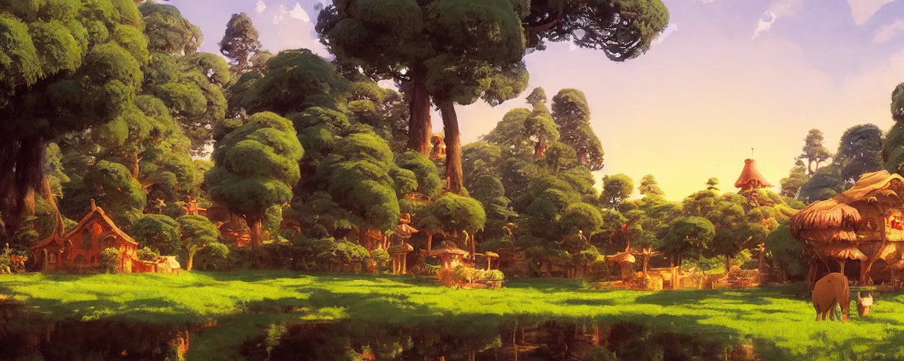 Image similar to ghibli disney illustrated background of a farm by eugene von guerard, ivan shishkin, john singer sargent, 4 k