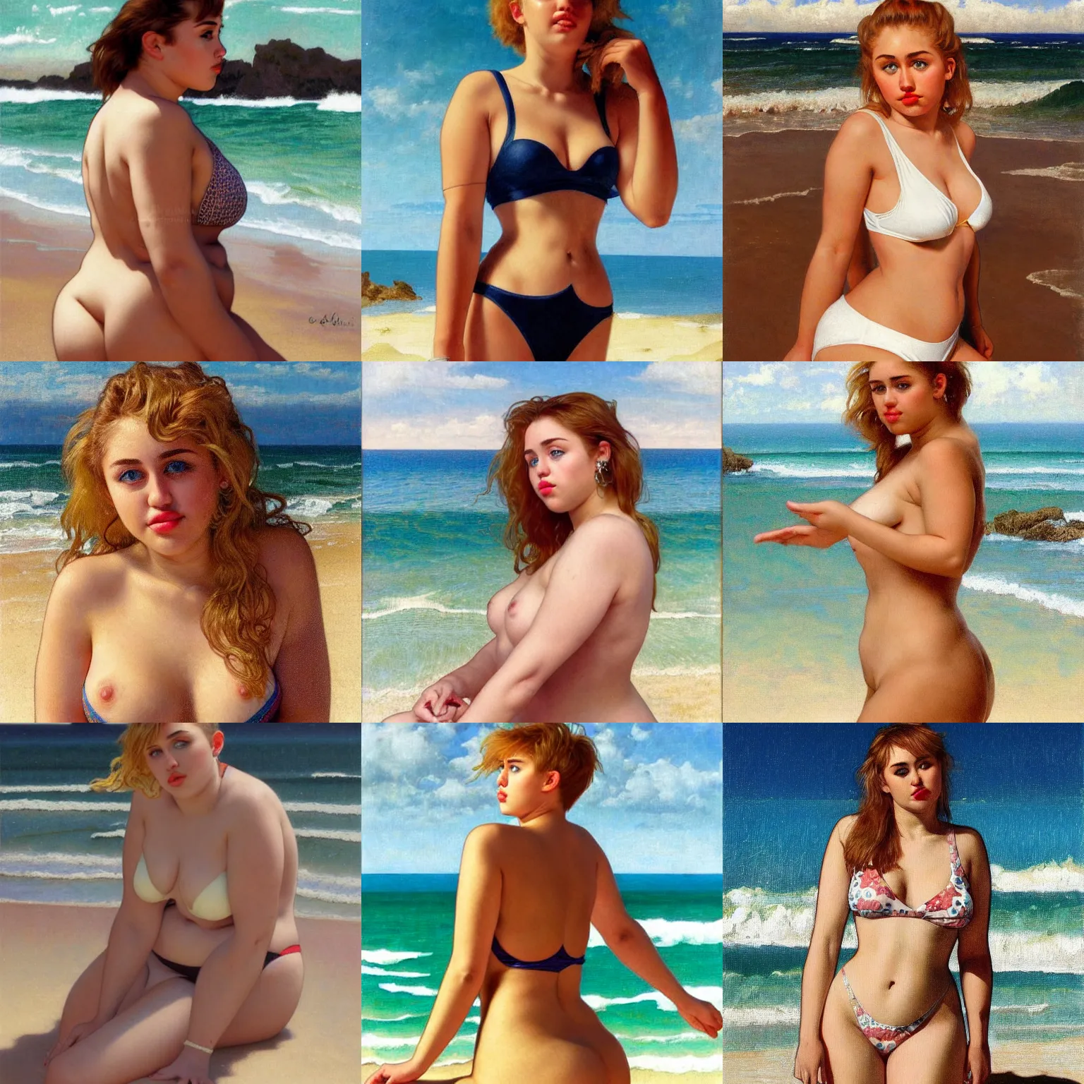 Prompt: portrait of cute 2 0 years old curvy miley cyrus in swimsuit on a beach, intricate, hyperdetailed, photorealistic, diffuse lighting, hdrp, artstation, unreal 5, smooth, textless, sharp focus, art by john collier, albert aublet, krenz cushart, artem demura, alphonse mucha