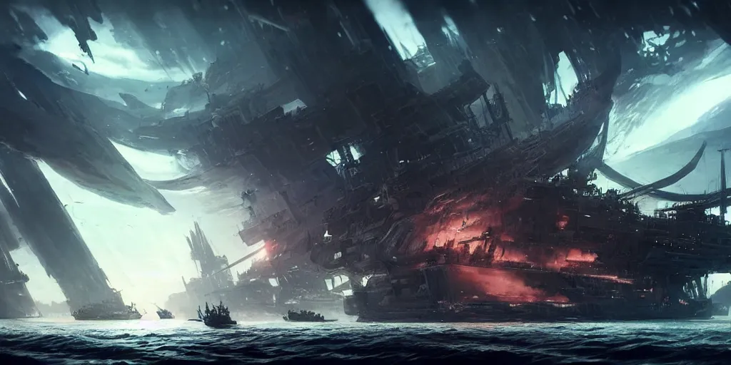 Prompt: A large ship armada is getting destroyed by a giant kraken monster. In style of Yoji Shinkawa and Hyung-tae Kim, trending on ArtStation, Greg Rutkowski, dark fantasy, great composition, concept art, highly detailed, scenery.