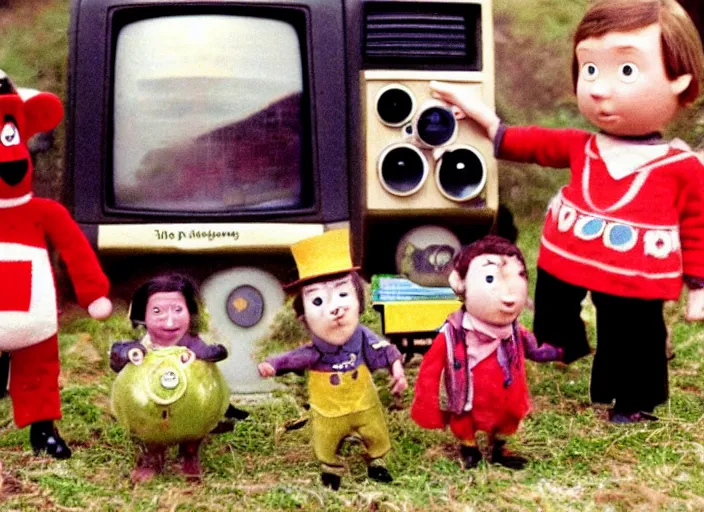 Image similar to a scene from a 1 9 7 0 s british kids tv programme by the bbc and oliver postgate, stop motion animation, postman pat, vhs distortion, cathode ray tube distortion, folk horror, hauntology