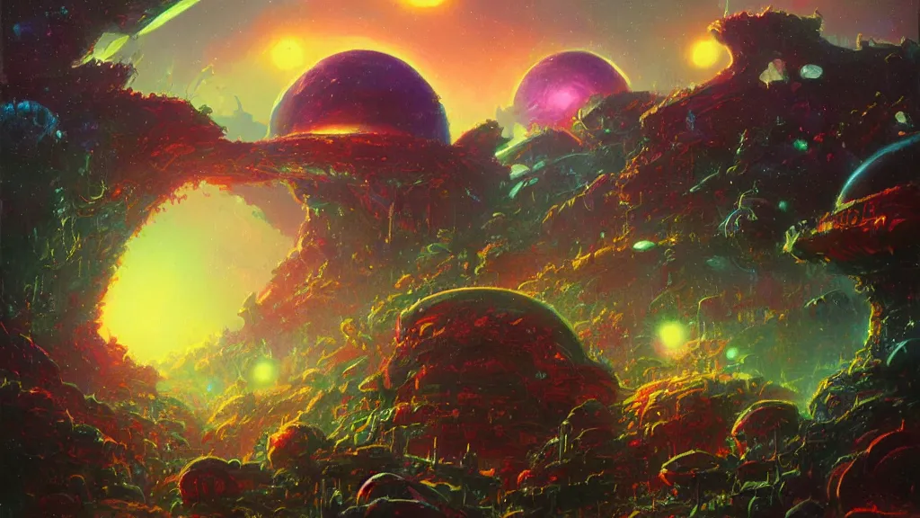 Prompt: strange alien planet by Paul Lehr