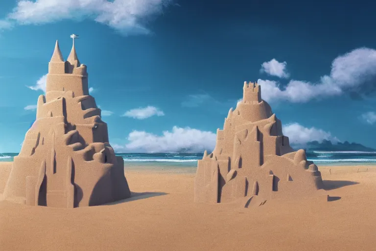 Prompt: a giant sand castle on a california beach, fluffy clouds, blue sky by magritte and beeple, digital painting, hyper detailed, masterpiece 4 k