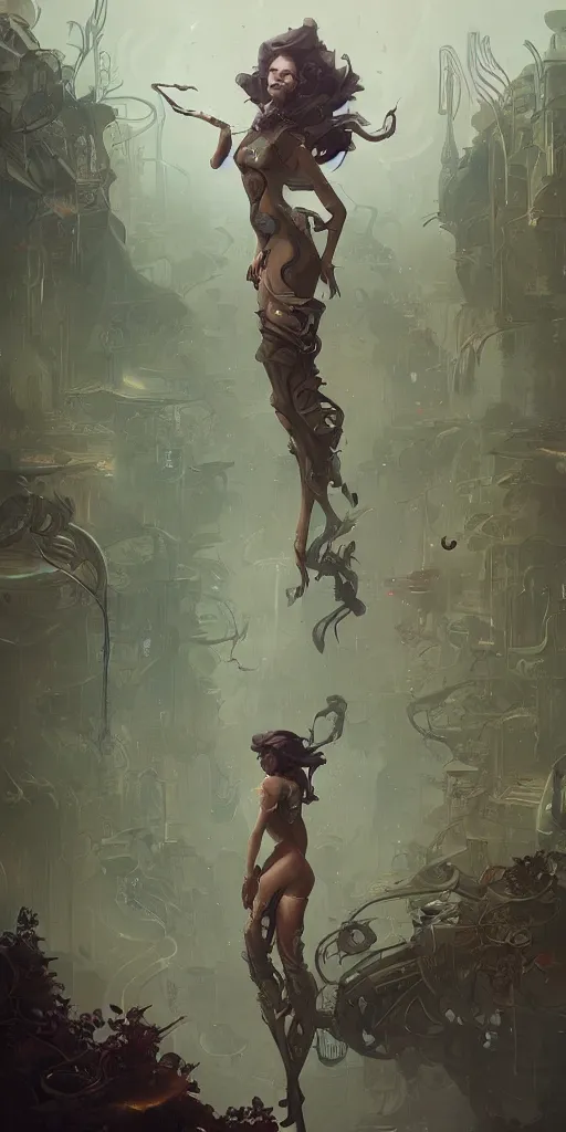 Prompt: a detailed concept art of a woman against the background of an overgrown city , artstation, by Peter Mohrbacher, Art Nouveau, sophisticated, Unreal engine, intricate