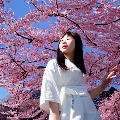 Image similar to a beautiful young Japanese girl, surrounded by sakura petals blowing in the wind, aesthetic!!!, beautiful!!!