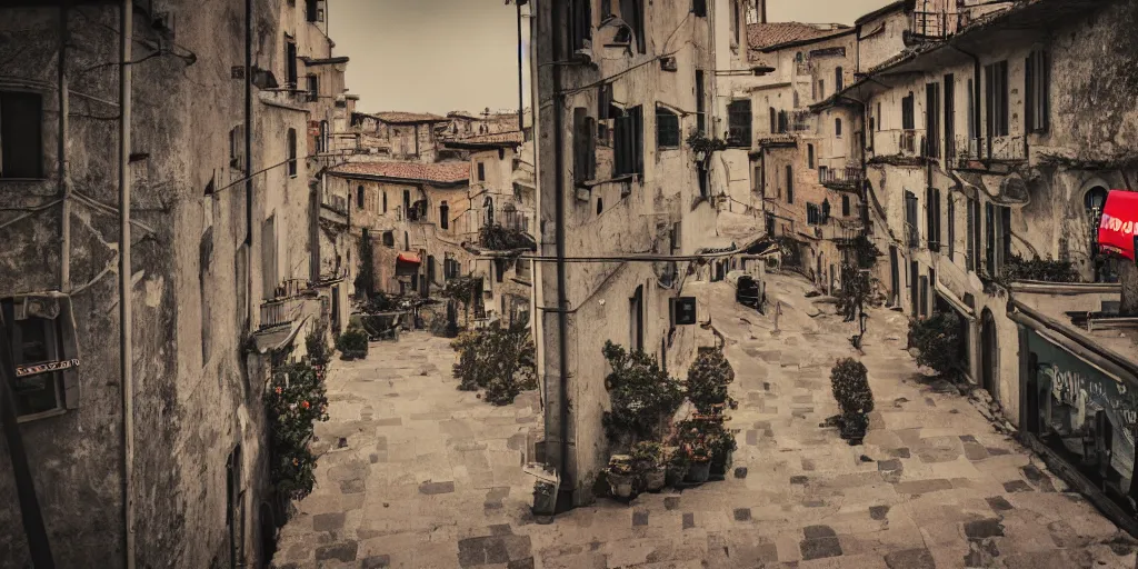 Image similar to A view over into a retro future cyber italian village, dslr photography, cinematic