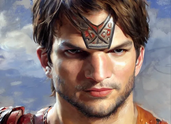 Image similar to a highly detailed beautiful portrait of ashton kutcher as kratos, by gregory manchess, james gurney, james jean