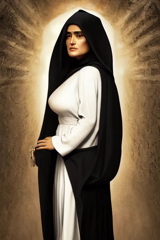 Image similar to salma hayek dressed as a nun, big slightly open bust, church interior, highly detailed, wide shot, intricate, cute, mystical, sharp focus, Trending on Artstation HQ, deviantart, unreal engine 5, 4K UHD image