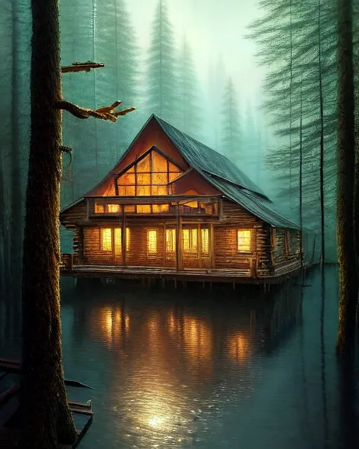 Image similar to a hyper - detailed 3 d render like an oil painting of cabin in the woods floating inside our own consciousness!!!!! surreal concept art, lifelike, photorealistic, digital painting, aesthetic, smooth, sharp focus, artstation hd, by greg rutkowski, bruce pennington, valentina remenar, rhads, asher duran,