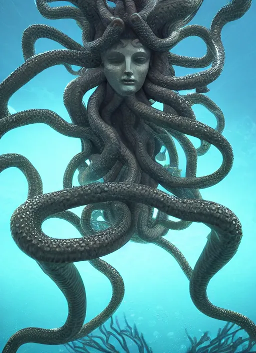 Image similar to confluence of aquatic wild life, medusa statue underwater. magical, epic, particles, compute shader, underwater, fantasy, painting, detailed, paid artwork, portfolio, epic lighting