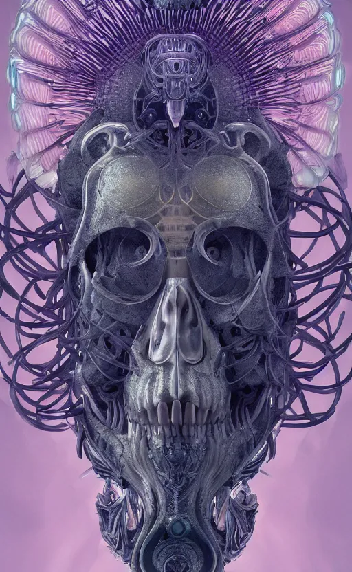 Image similar to goddess close-up portrait ram skull, thorax, x-ray, backbone, phoenix head, nautilus, orchid, skull, betta fish, bioluminiscent creatures, intricate artwork by Tooth Wu and wlop and beeple. octane render, trending on artstation, greg rutkowski very coherent symmetrical artwork. cinematic, hyper realism, high detail, octane render, 8k, green and orange tones