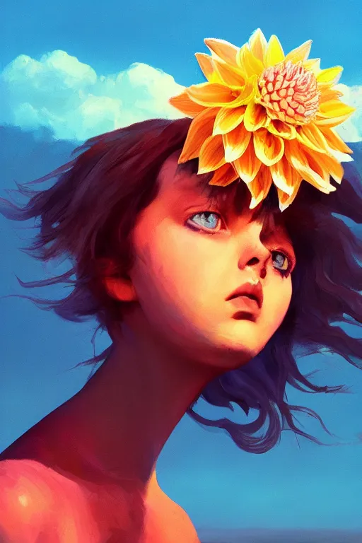 Prompt: closeup girl with huge dahlia flower face, on the beach, surreal photography, blue sky, sunrise, dramatic light, impressionist painting, digital painting, artstation, simon stalenhag