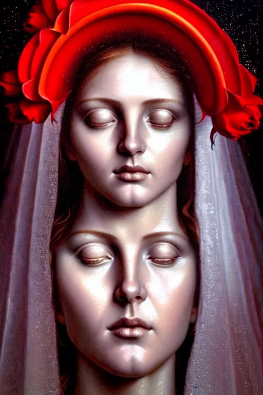 Image similar to hyperrealistic mixed media painting of Mother Mary, a halo about her head, holding a red rose!! traditional beauty, stunning 3d render inspired art by P. Craig Russell and Barry Windsor-Smith + perfect facial symmetry + dim volumetric lighting, 8k octane beautifully detailed render, post-processing, extremely hyperdetailed, intricate, epic composition, grim yet sparkling atmosphere, cinematic lighting + masterpiece, trending on artstation, very very detailed, masterpiece, stunning