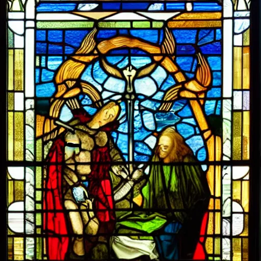 Prompt: A stunning highly detailed stained glass window depicting the devil in the style of Hieronymus Bosch