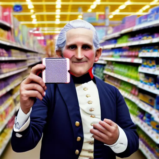 Image similar to professional color photo of George Washington taking a selfie in Walmart, 4k