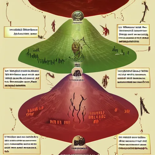 Prompt: infographic, map of the seven levels of hell, epic, tartarus, elysium, hades, marginalia